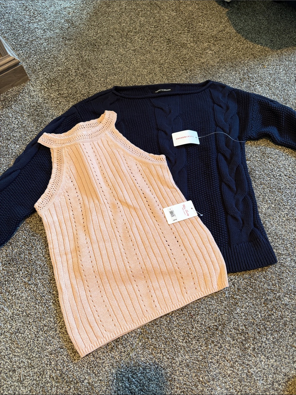 NWT Lucky Brand bundle Pink Halter Knit Top & Navy Cable-Knit Sweater Set